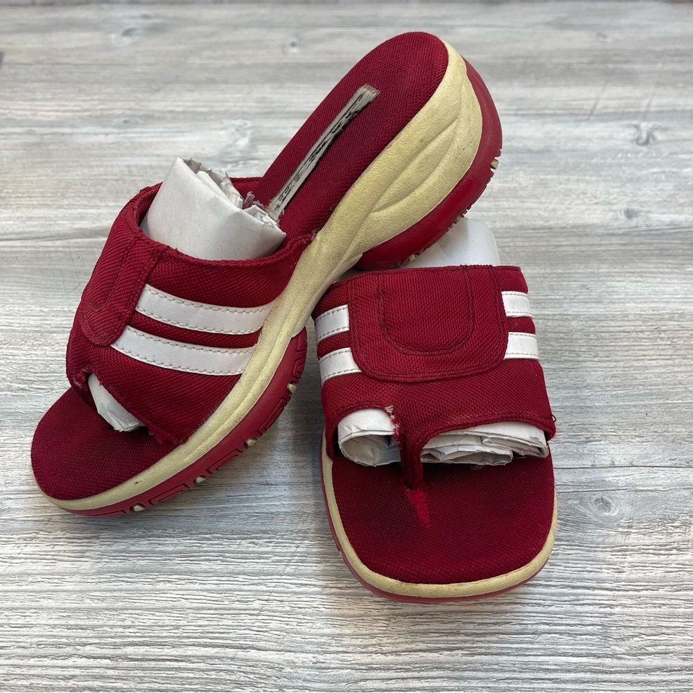 Y2K 2000s Vintage Red Platform Chunky Canvas Slide Sandals White Stripes Sz 6.5
